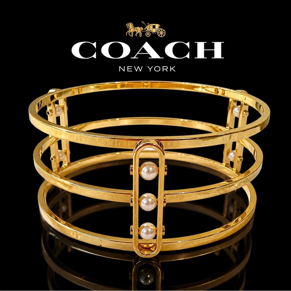 Coach Gold Tone Multi-Bar Bangle Bracelet with Faux Pearls